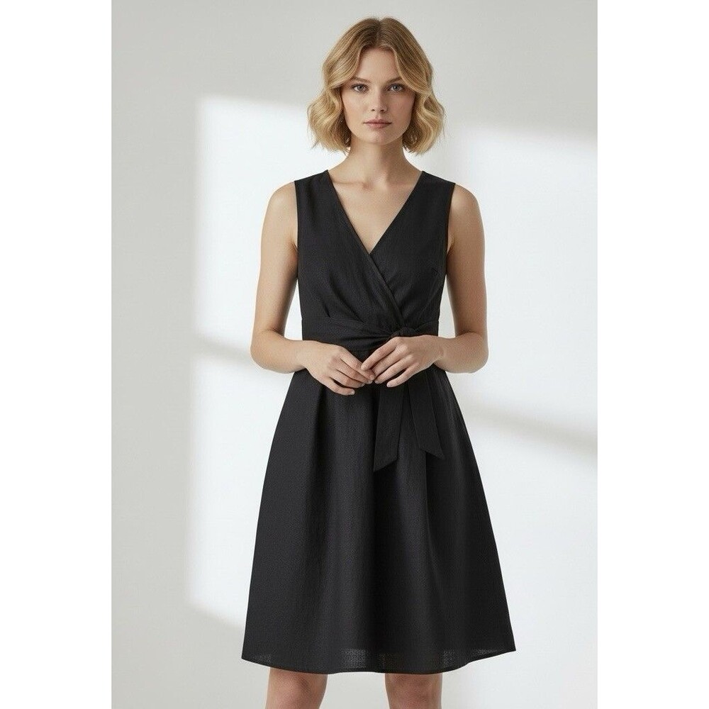Theory "Kenza" Linen Blend Black V Neck Tie Waist Dress Size 6 EUC!!!